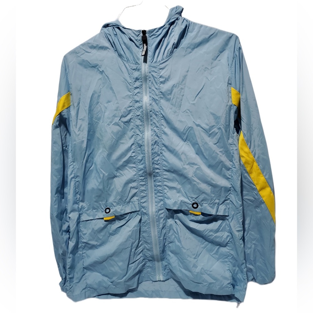 Men’s Lightweight Blue Windbreaker Hoodie Yellow Graphic ZipUp Jacket w/ pockets